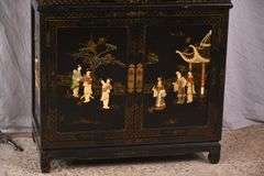 Black and gold Oriental decorated 2 part armoire with fitted interior; 55-12157