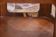 Mid-century style walnut hexagonal end table with tinted glass top; 55-12326