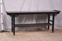 Black Oriental style two-tier console table with cane shelf; 55-12317