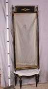 Black and gold mirror with low marble top console table; 55-12187