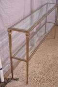 Narrow metal two-tier console table with beveled glass top and shelf; 396-1388