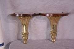 Pair of half-round gold metal and wood wall sconce shelves; 16721-059