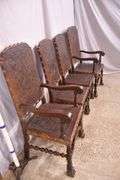 Set of 4 carved dining chairs with embossed leather seats and backs; 192-3099