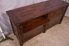 Pottery Barn distressed entertainment credenza with 2 drop-front drawers and 2 glass doors; 55-12263