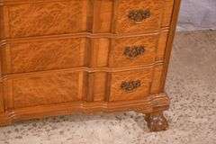 Burl walnut slant-front desk with ball in claw feet; 55-12174