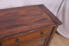 Pottery Barn distressed entertainment credenza with 2 drop-front drawers and 2 glass doors; 55-12263