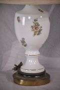 Pair of floral decorated white glass lamps with shades; 55-12279