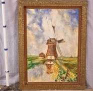 Large framed painting on canvas of a windmill; 55-12253