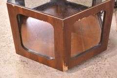 Mid-century style walnut hexagonal end table with tinted glass top; 55-12326