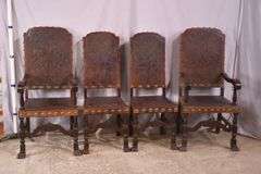 Set of 4 carved dining chairs with embossed leather seats and backs; 192-3099