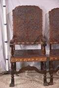 Set of 4 carved dining chairs with embossed leather seats and backs; 192-3099