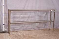 Narrow metal two-tier console table with beveled glass top and shelf; 396-1388