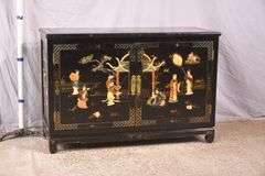 Black and gold Oriental decorated 2 door dresser with fitted interior; 55-12177