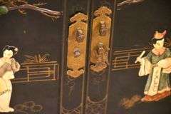 Black and gold Oriental decorated 2 part armoire with fitted interior; 55-12157