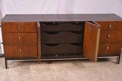 American of Martinsville walnut mid-century style triple dresser with fitted interior; 55-12346B