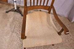 Spindle back open arm rocker with off-white fabric seat; 5038-009