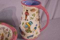 Ceramic pitcher and bowl with southwestern scene designs; 74-12903G