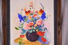 Large framed print of a floral watercolor by Nancy Cowan; 1037-1168