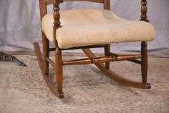 Spindle back open arm rocker with off-white fabric seat; 5038-009
