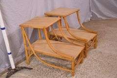 Pair of rattan bentwood two-tier step back side tables with Formica tops; 1116-729