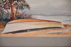 Framed watercolor of a boat on beach by Geri M. Davis; 9485-110