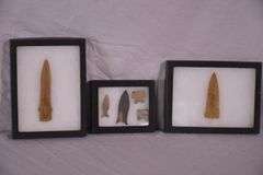 Group of miscellaneous Native American spearheads in 3 black cases; 12133-013