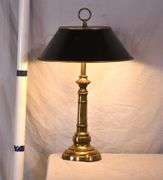 Gold metal lamp with black metal shade; 55-12201A