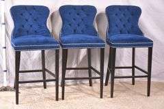 Set of 3 Abbyson Living blue tufted back bar chairs with silver nail head trim; 1153-090