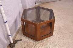 Mid-century style walnut hexagonal end table with tinted glass top; 55-12326
