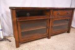 Pottery Barn distressed entertainment credenza with 2 drop-front drawers and 2 glass doors; 55-12263