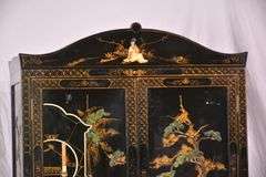 Black and gold Oriental decorated 2 part armoire with fitted interior; 55-12157