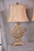 Pair of ornate off-white crackle finish lamps with shades; 5038-002