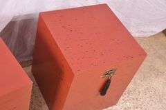 Pair of distressed red Oriental style lift-top boxes; 1152-103