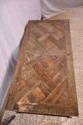Black iron coffee table with distressed barnwood top; 1152-107