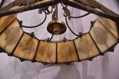 Vintage ornate iron and slag glass chandelier; 55-12295