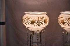 Pair of white and gold painted luster lamps with crystal prisms; 55-12198