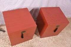 Pair of distressed red Oriental style lift-top boxes; 1152-103