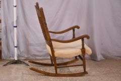 Spindle back open arm rocker with off-white fabric seat; 5038-009