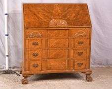 Burl walnut slant-front desk with ball in claw feet; 55-12174