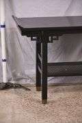 Black Oriental style two-tier console table with cane shelf; 55-12317