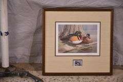 Signed limited edition framed 1985 First of Georgia waterfowl print and stamp by Daniel Smith; 55-12218B