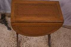 Small leather top drop-leaf side table; 18308-002