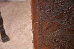 Set of 4 carved dining chairs with embossed leather seats and backs; 192-3099