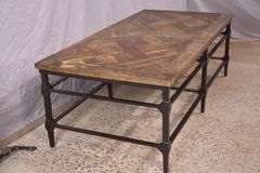 Black iron coffee table with distressed barnwood top; 1152-107