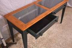 Green 2 drawer display sofa table with oak top and beveled glass inserts; 5038-005