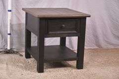 Black two-tier single drawer end table with gray top; 14435-016