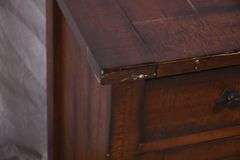 Pottery Barn distressed entertainment credenza with 2 drop-front drawers and 2 glass doors; 55-12263
