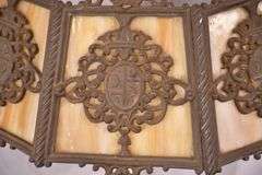 Vintage ornate iron and slag glass chandelier; 55-12295