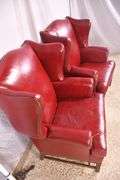 Pair of Ethan Allen red leather wingback armchairs; 74-12889