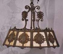 Vintage ornate iron and slag glass chandelier; 55-12295